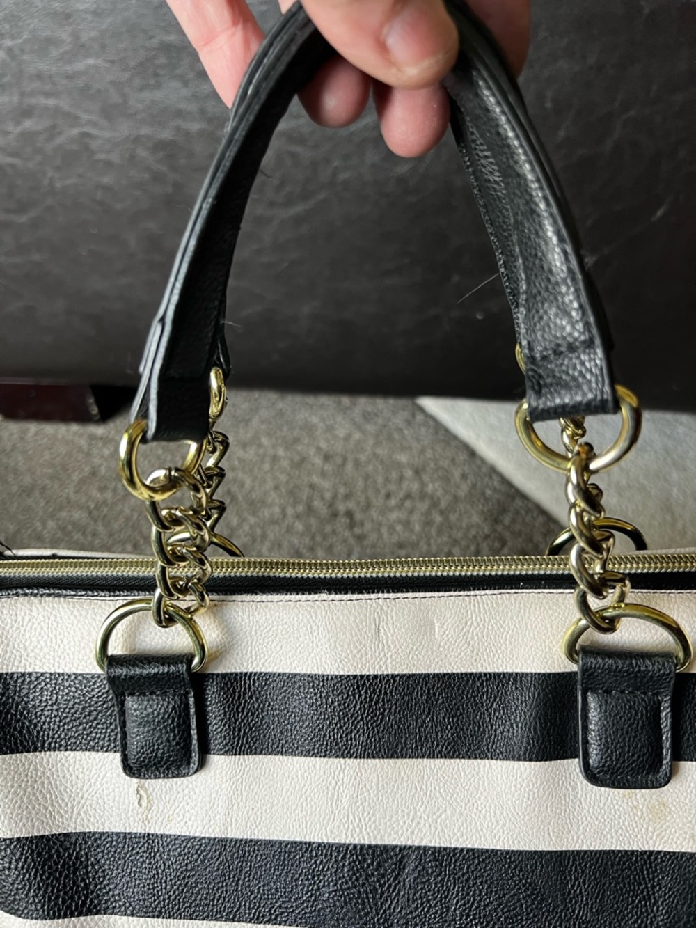 Betsey Johnson Floral Embellished Black and Cream Striped Purse Satchel Bag - Picture 15 of 16
